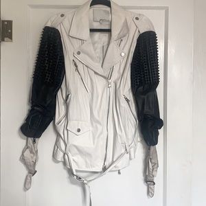 White Leather Jacket w/ Black Studded Sleeves